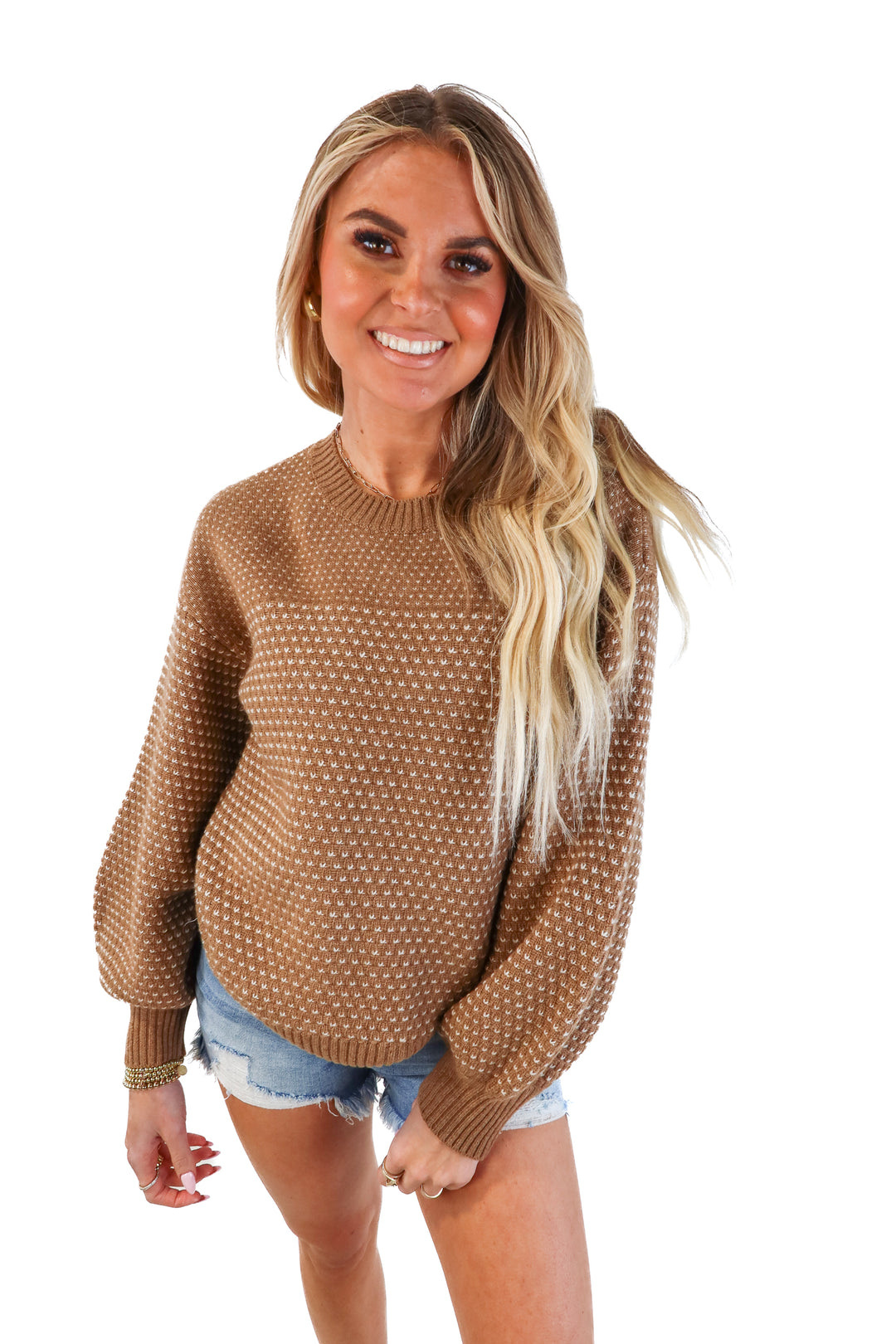 Summersalt Brown and White Crewneck Balloon Sleeve Sweater (XS; retail $165)