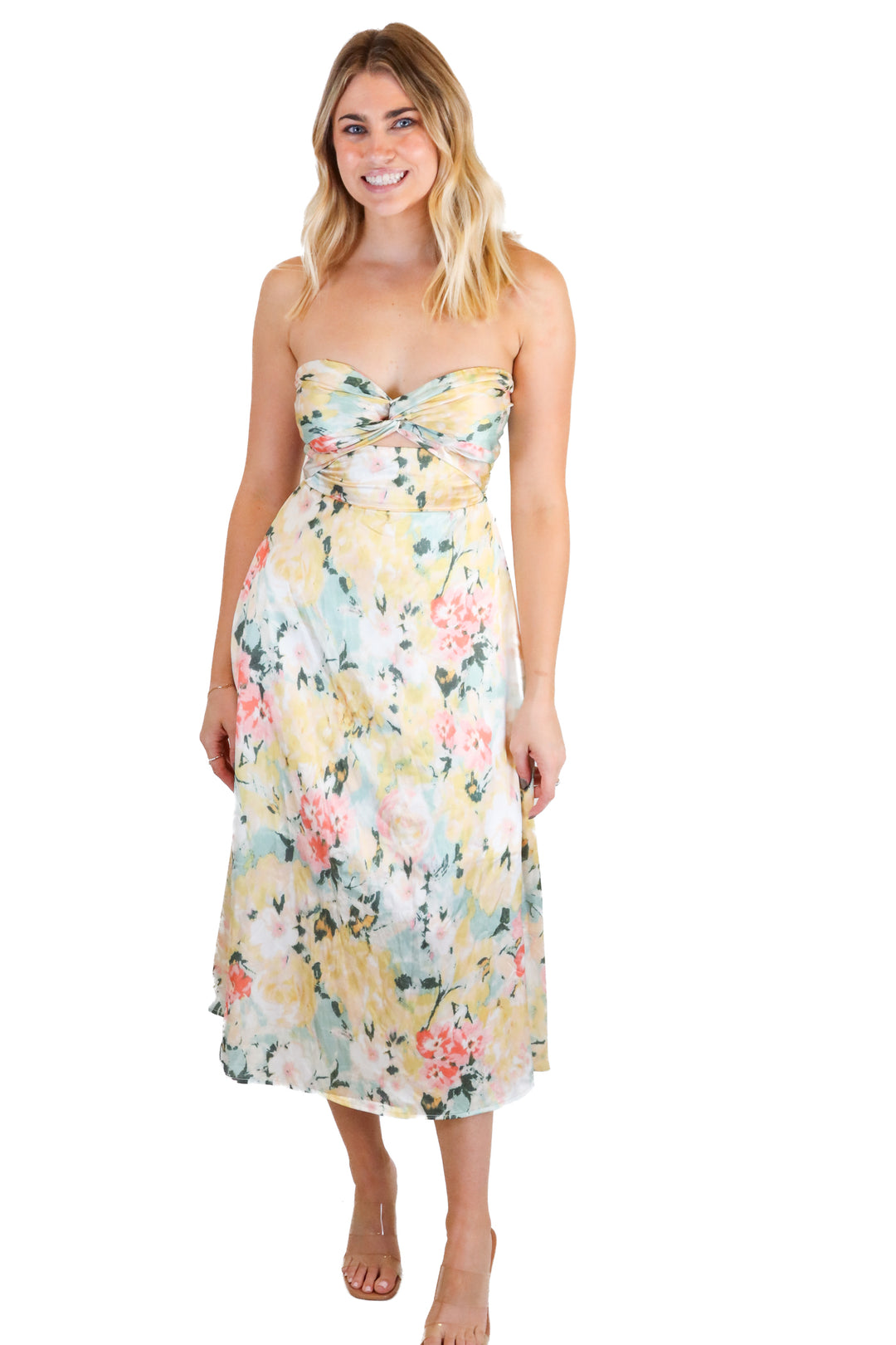 Reverse yellow/pink/blue floral midi dress (S)