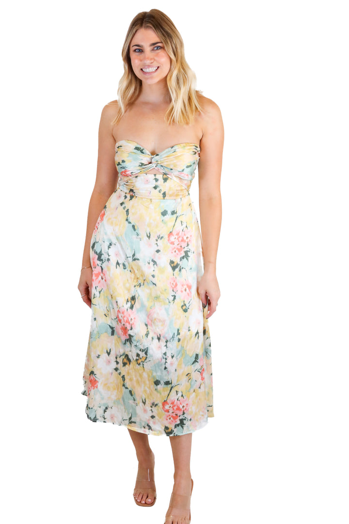 Reverse yellow/pink/blue floral midi dress (S)