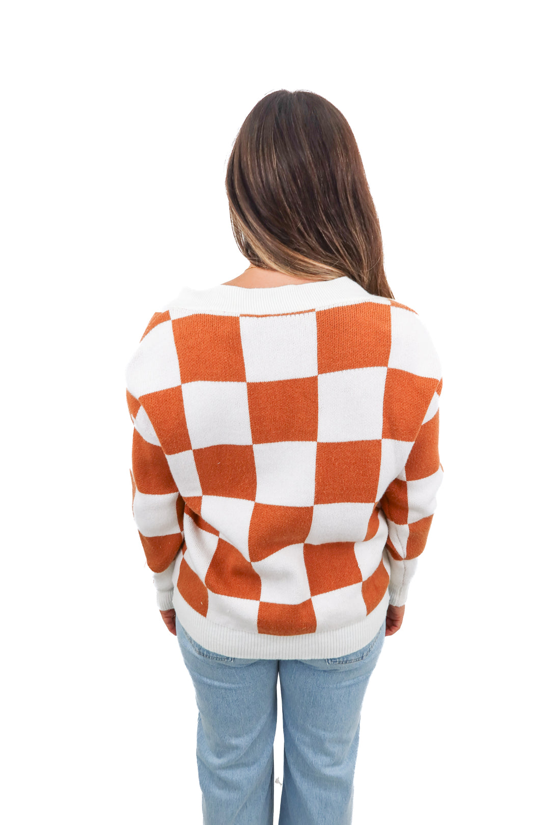 brown/white checkered cardigan (L)