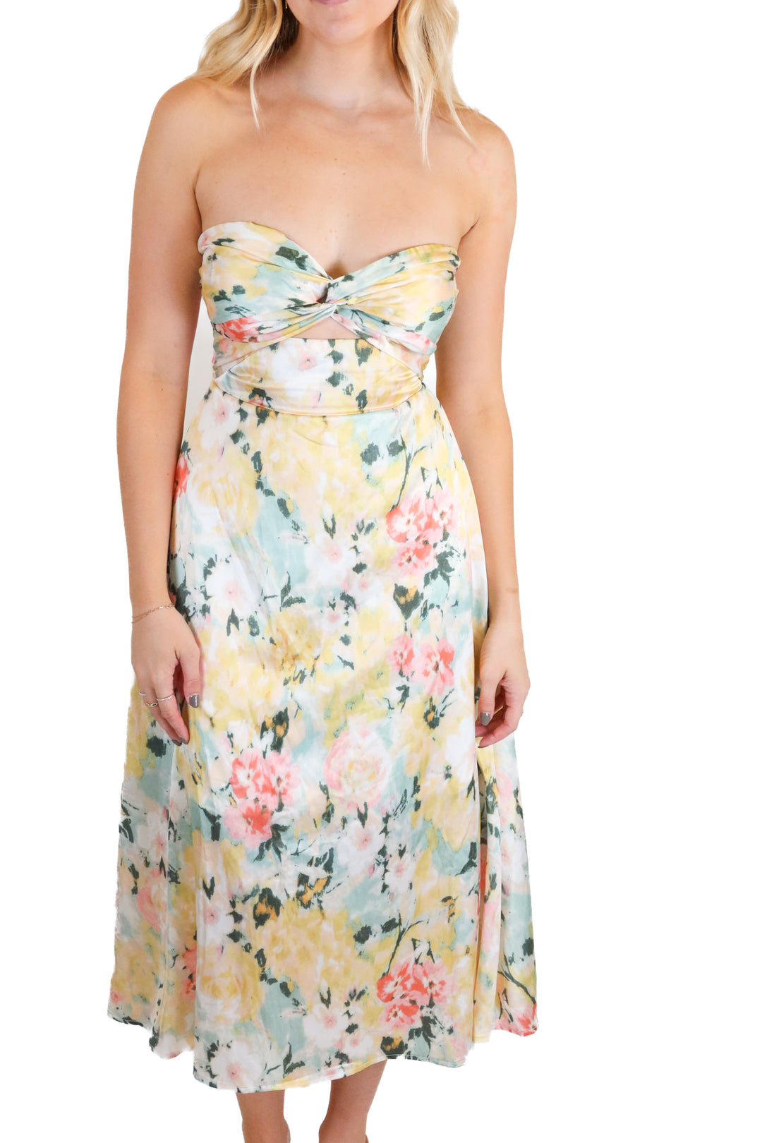 Reverse yellow/pink/blue floral midi dress (S)