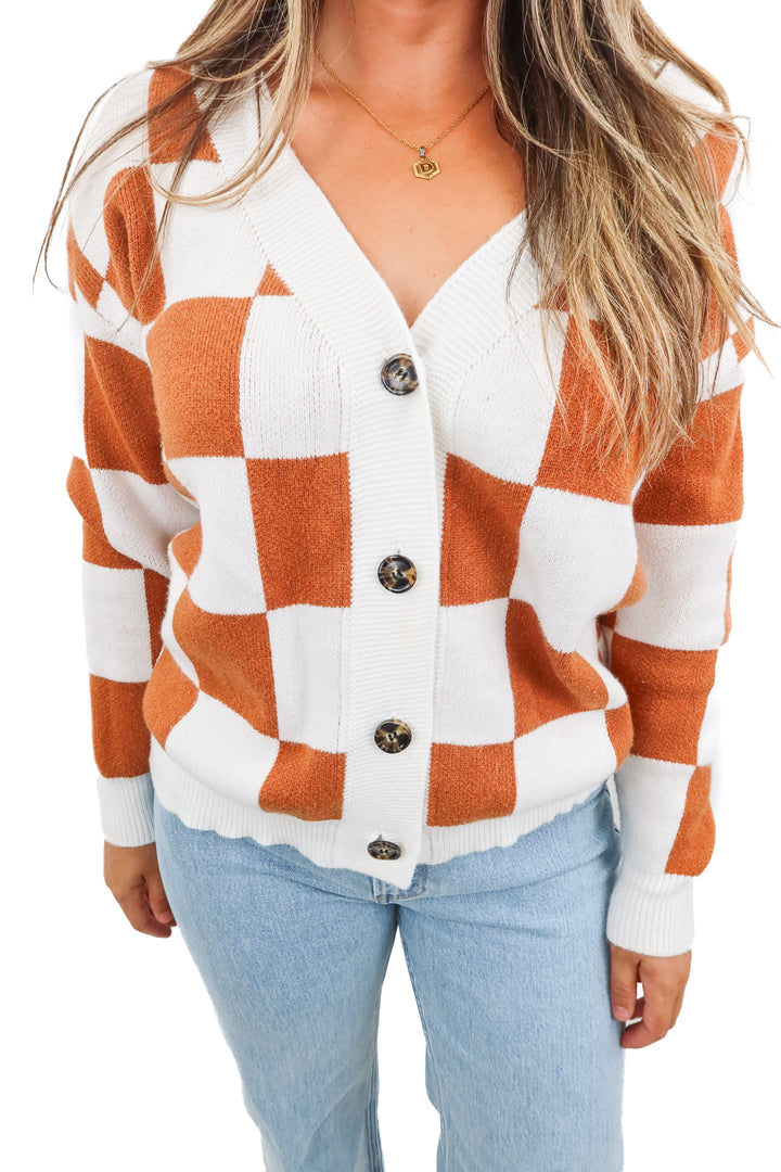 brown/white checkered cardigan (L)