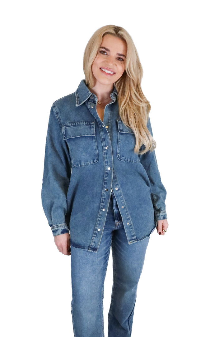 Windsor medium wash denim button down (S)