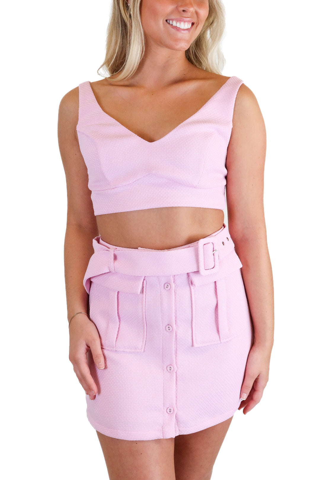 showpo light pink tweed set (xs)