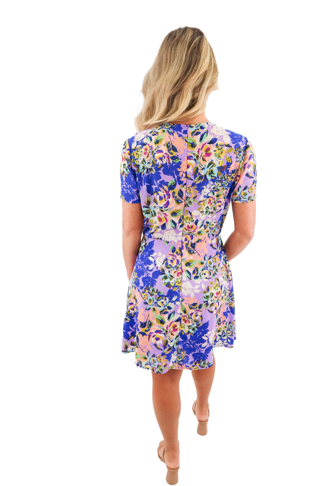 charles henry purple floral faux wrap mini dress (M)