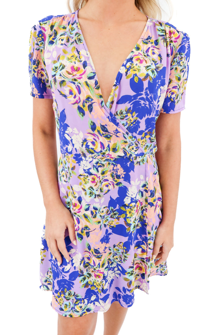 charles henry purple floral faux wrap mini dress (M)