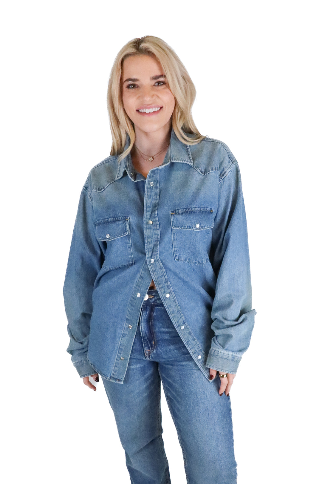 Elwood medium wash denim button down (M; retails for $85)