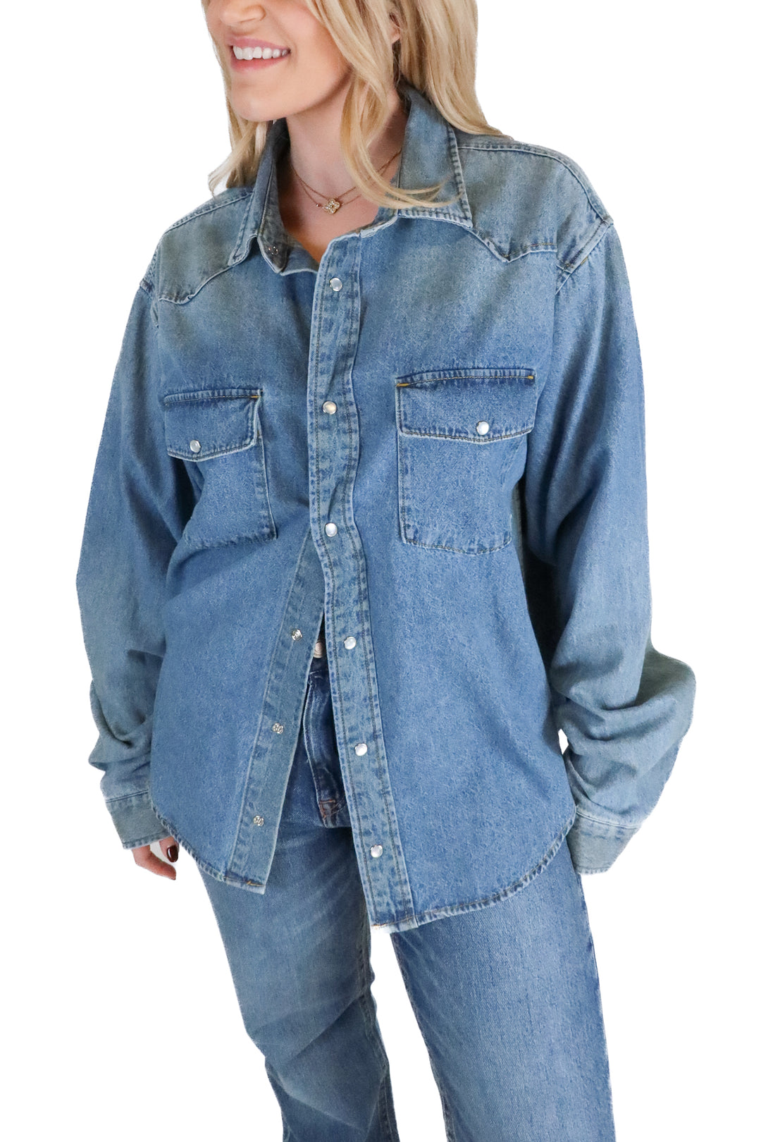 Elwood medium wash denim button down (M; retails for $85)