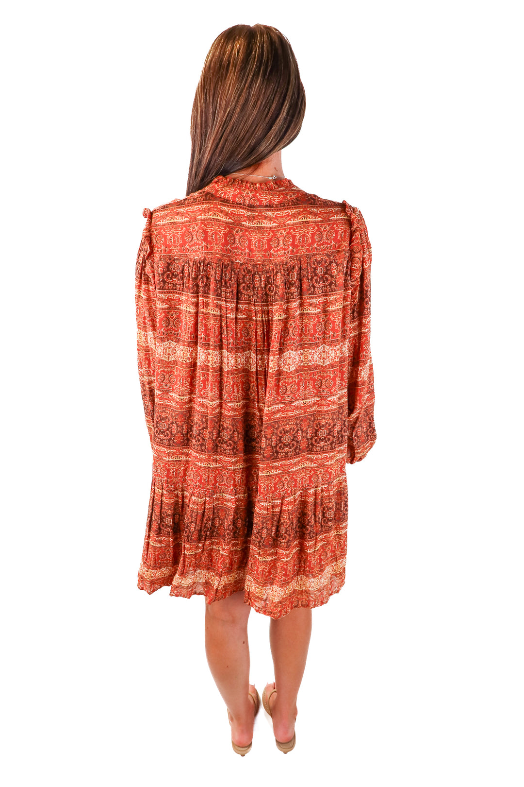 aura burnt orange tiered dress (s)