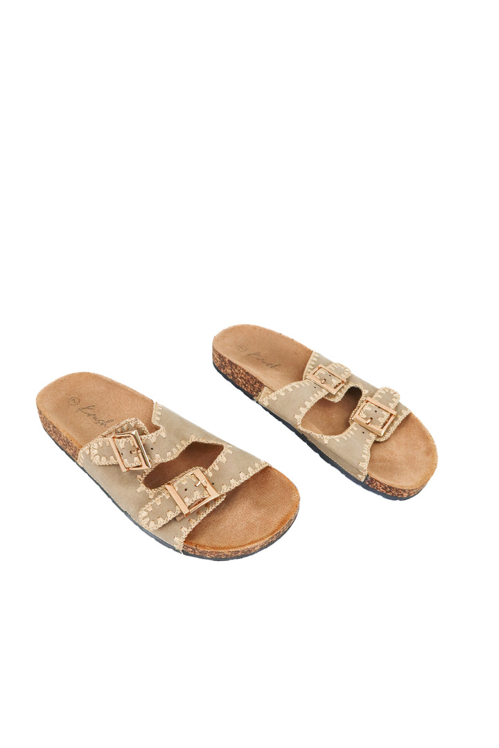 krush taupe slip on sandal (7; retail $32)