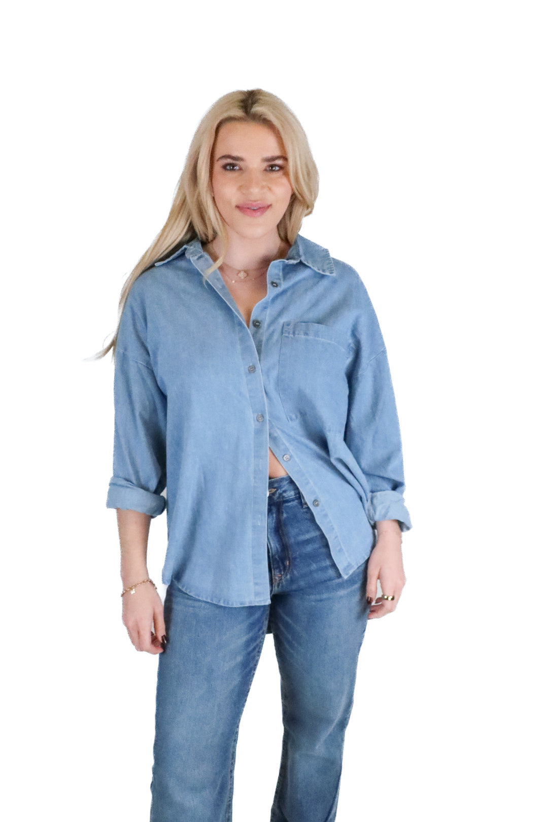 Vici medium wash denim button down (S)