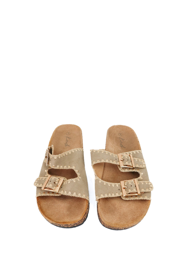 krush taupe slip on sandal (7; retail $32)