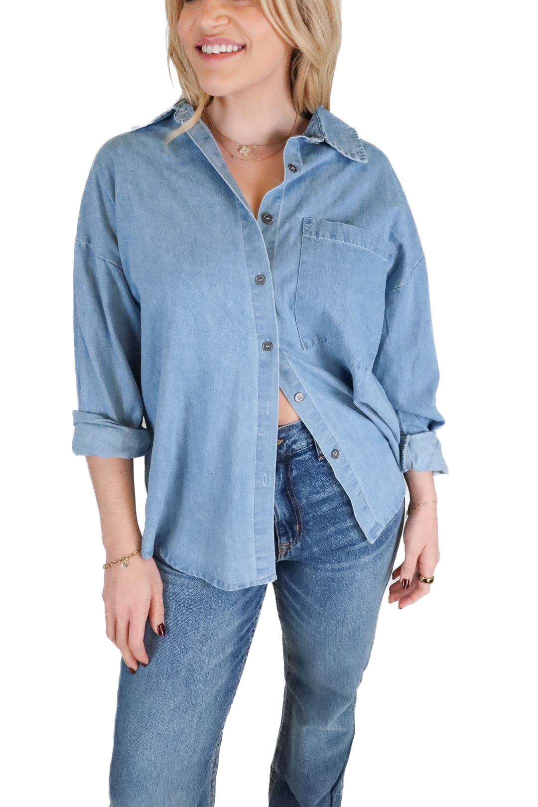 Vici medium wash denim button down (S)