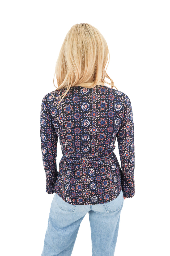 veronica m. black patterned long sleeve wrap top (XS)