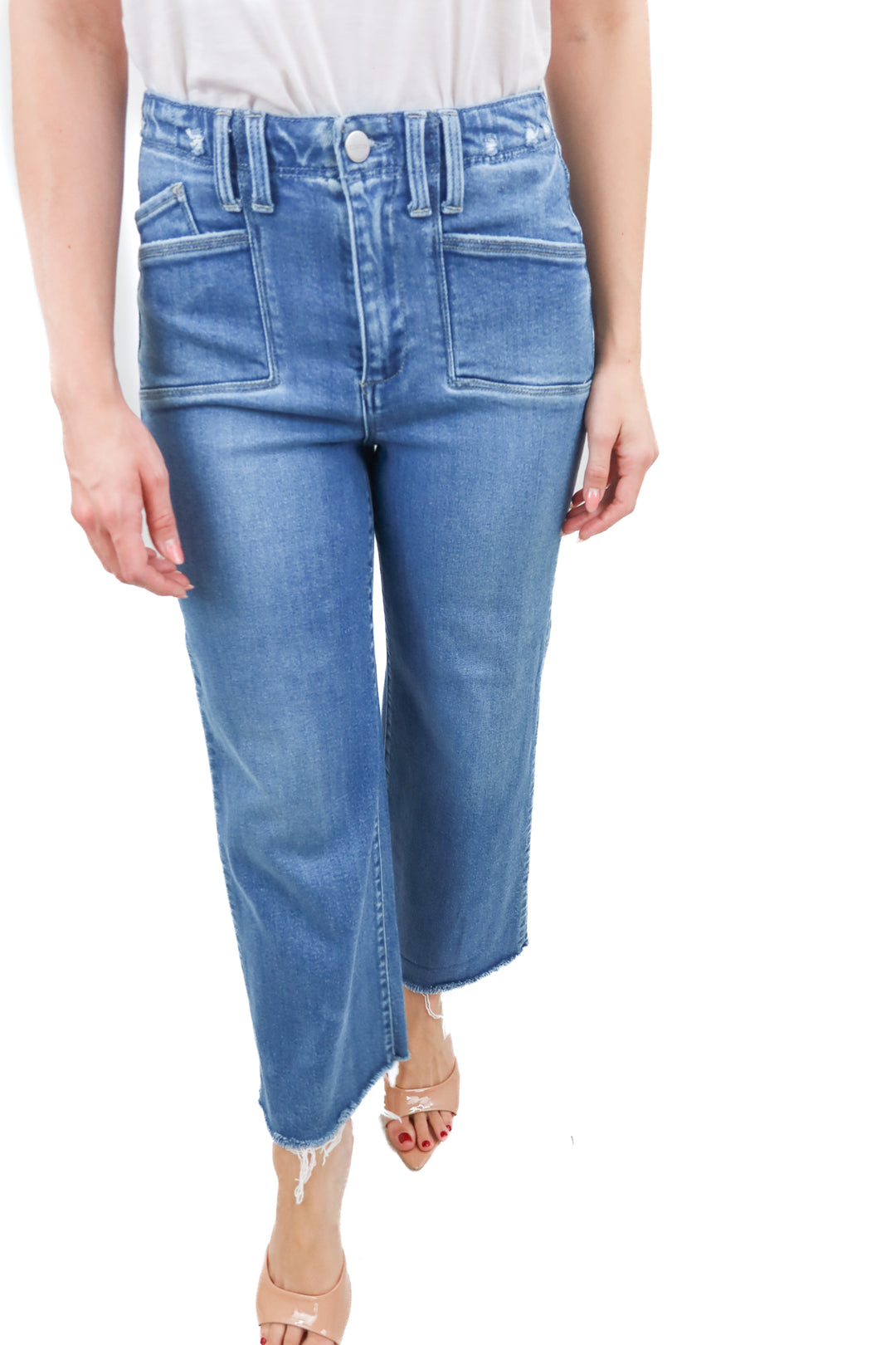 Social threads x Risen jeans medium wash wideleg raw hem jeans (0; retail $74)