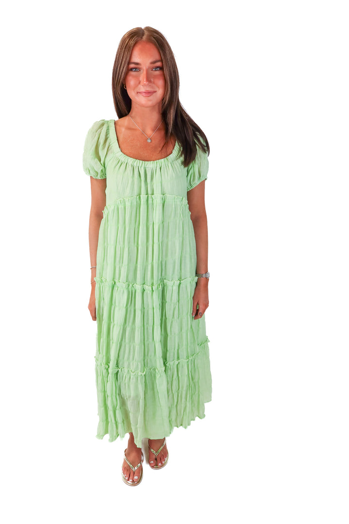 &merci lime green tiered maxi dress (s)