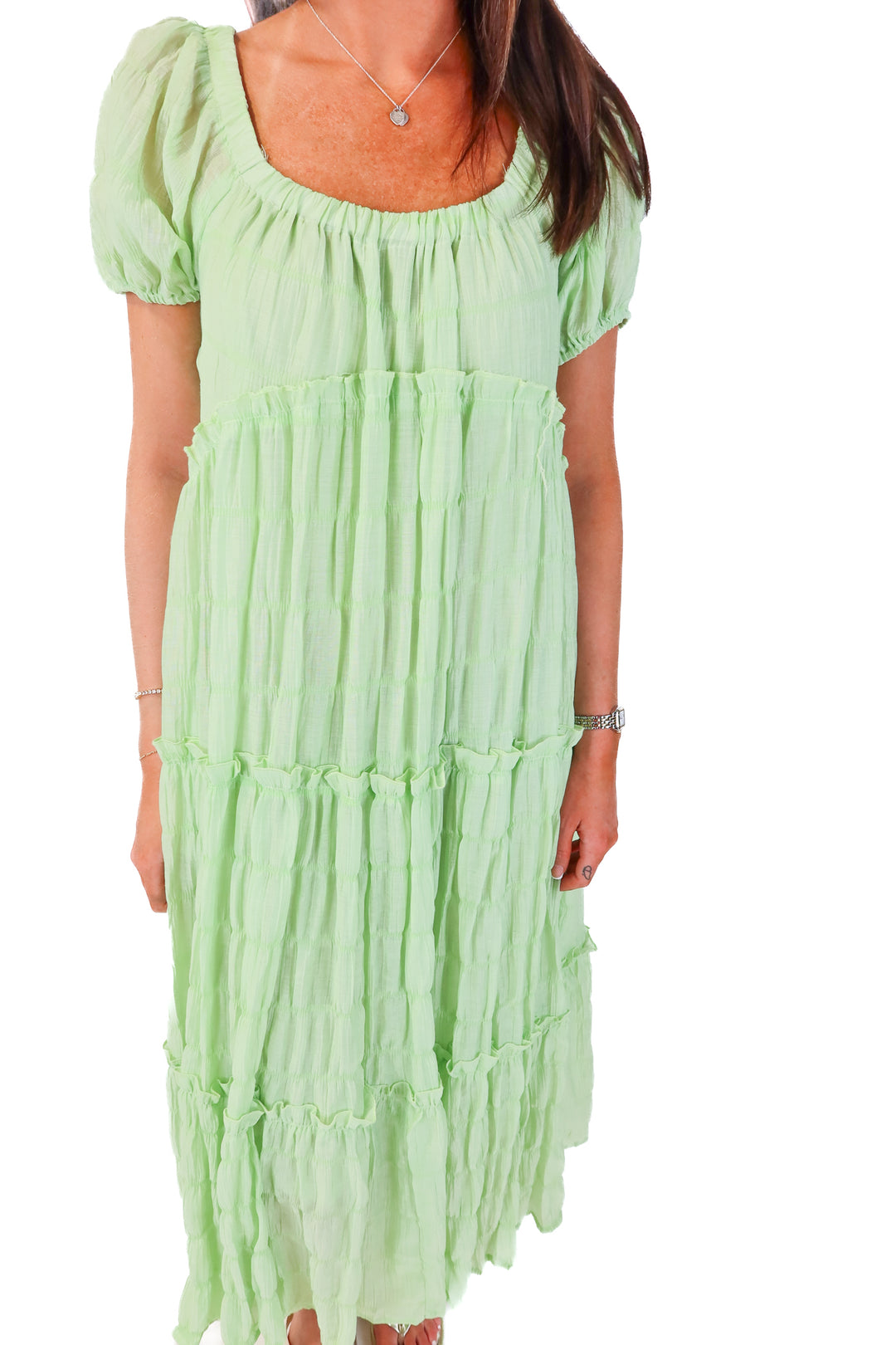 &merci lime green tiered maxi dress (s)