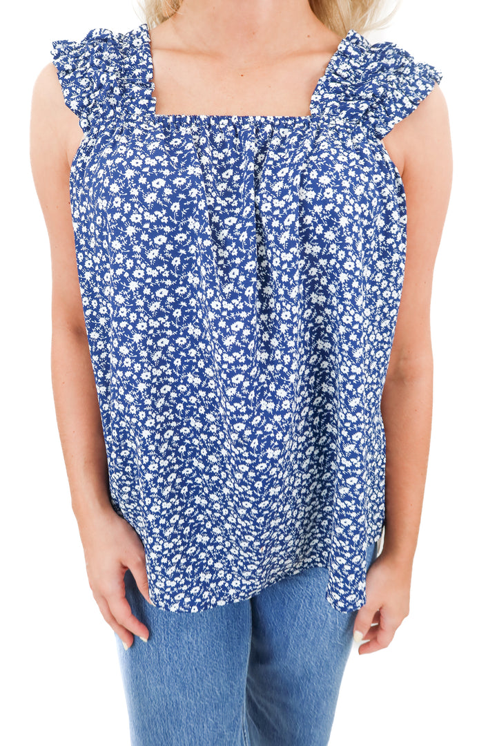 blue floral ruffle sleeve tank top (s)
