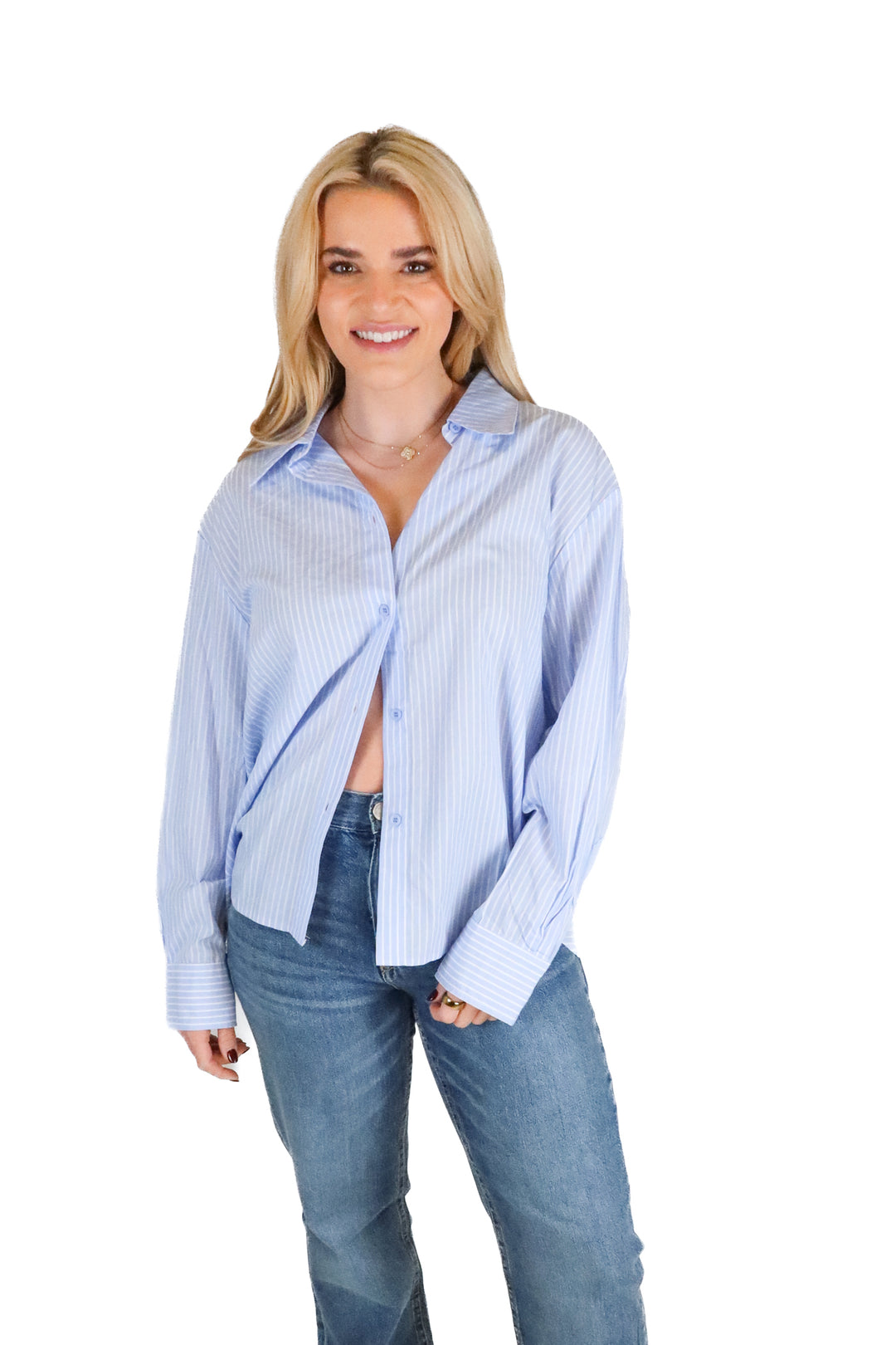 tic toc blue and white striped button up (s)