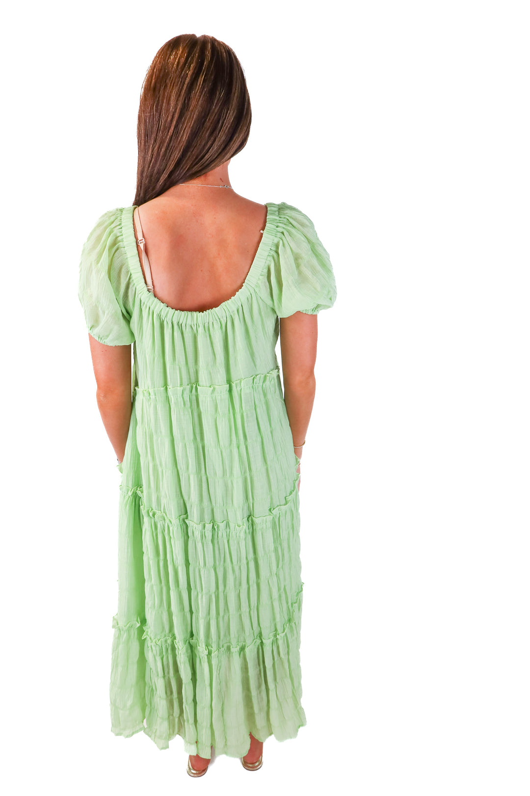 &merci lime green tiered maxi dress (s)