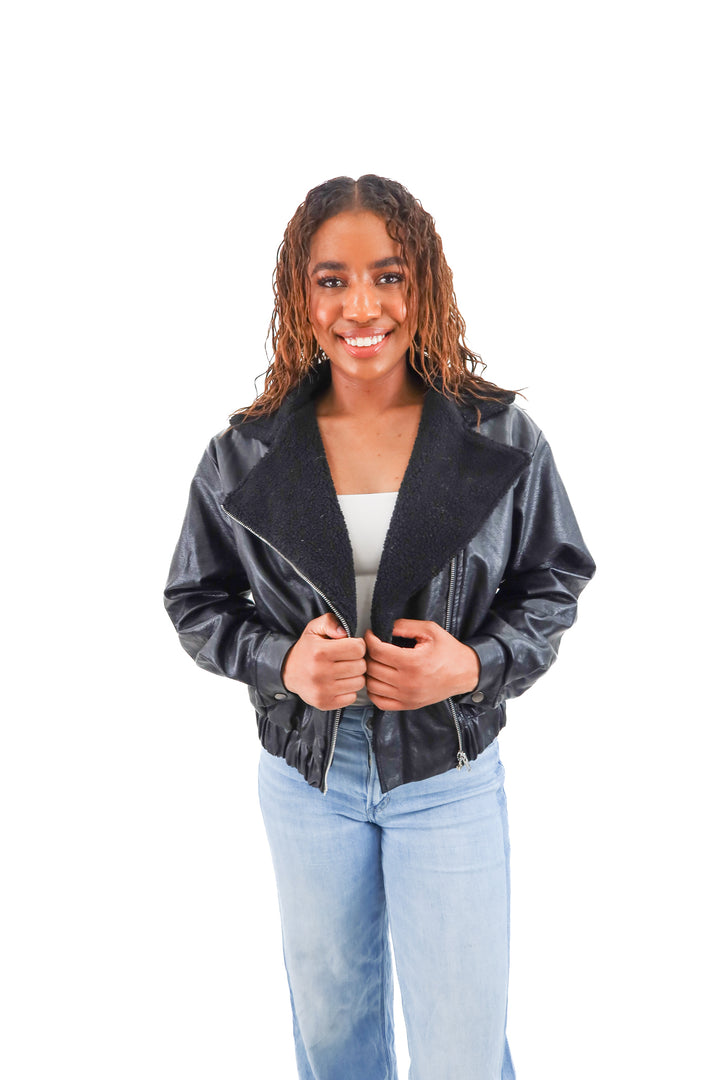 kittenish black vegan leather sherpa lined jacket (xs)