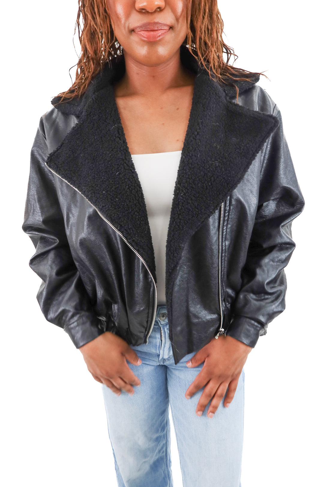 kittenish black vegan leather sherpa lined jacket (xs)