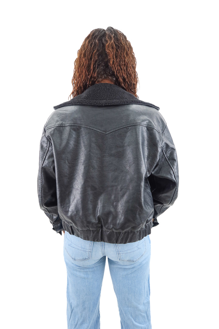 kittenish black vegan leather sherpa lined jacket (xs)