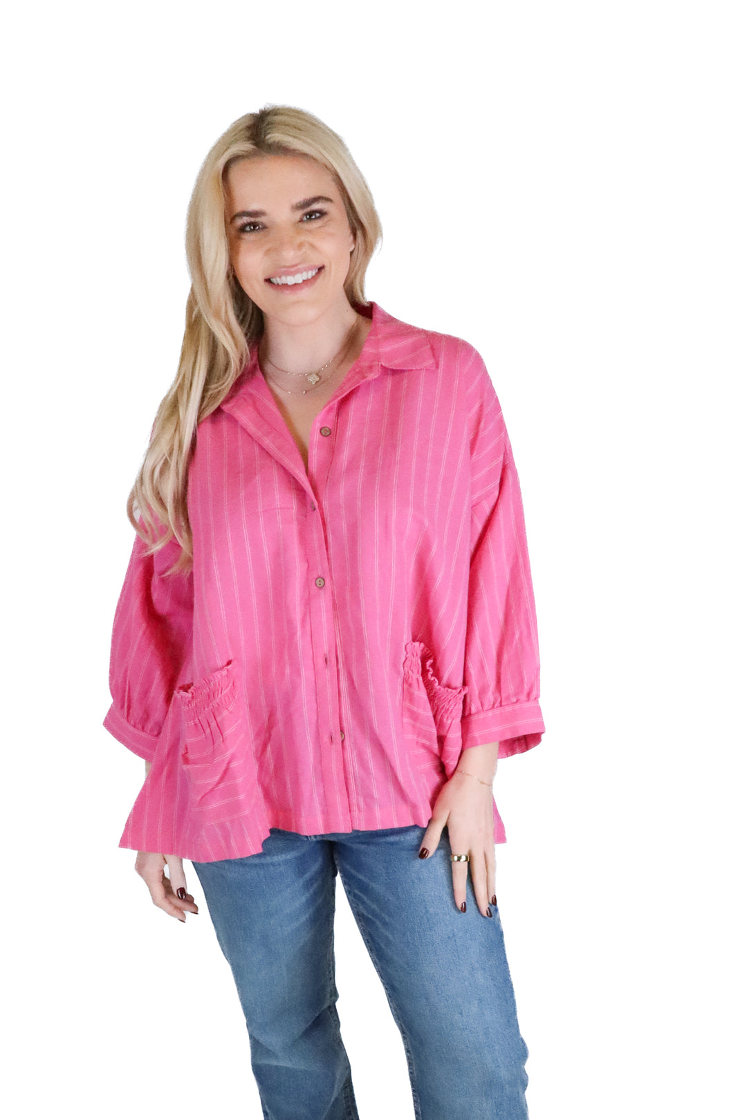 Free People pink striped button up (xs; retail $128)