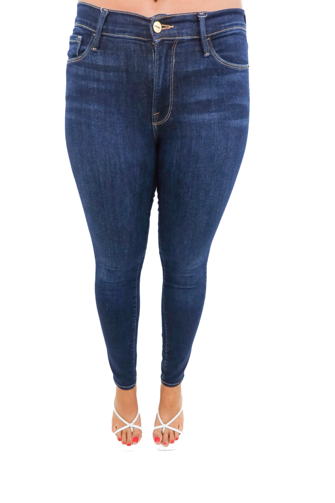 frame dark wash skinny jeans (30; retail $228)