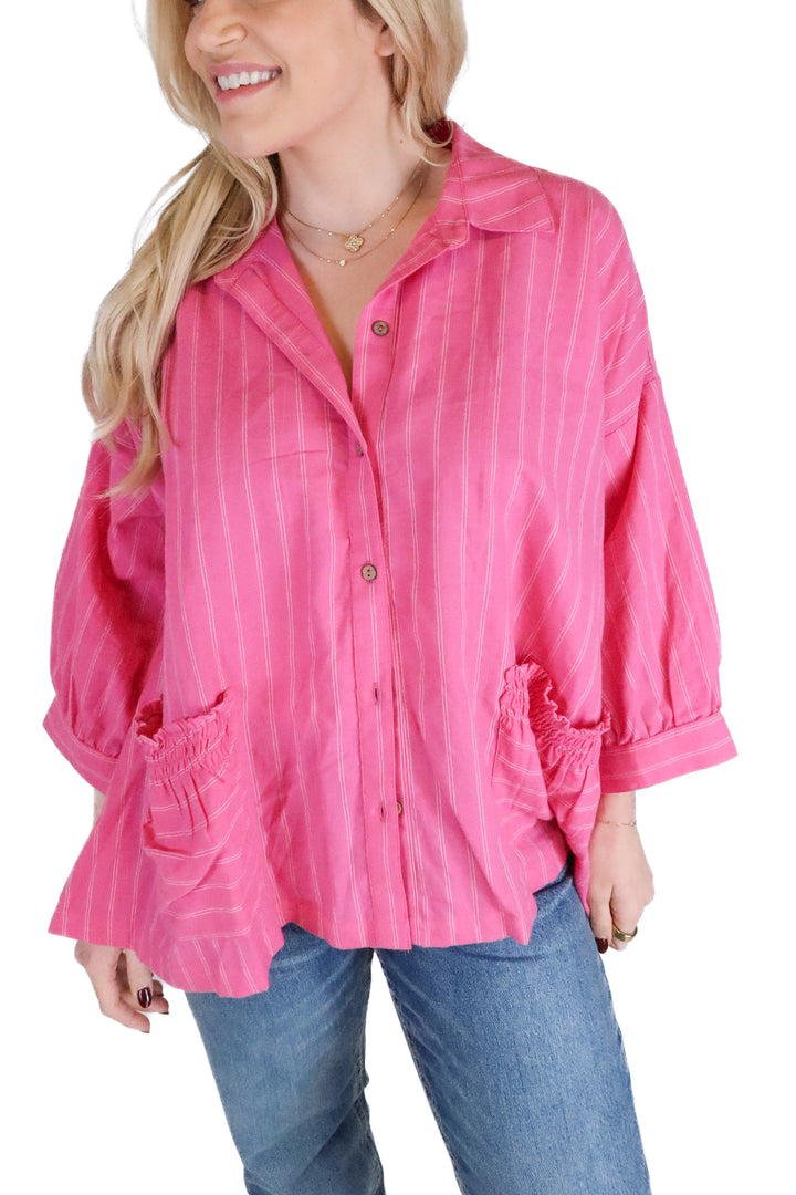 Free People pink striped button up (xs; retail $128)