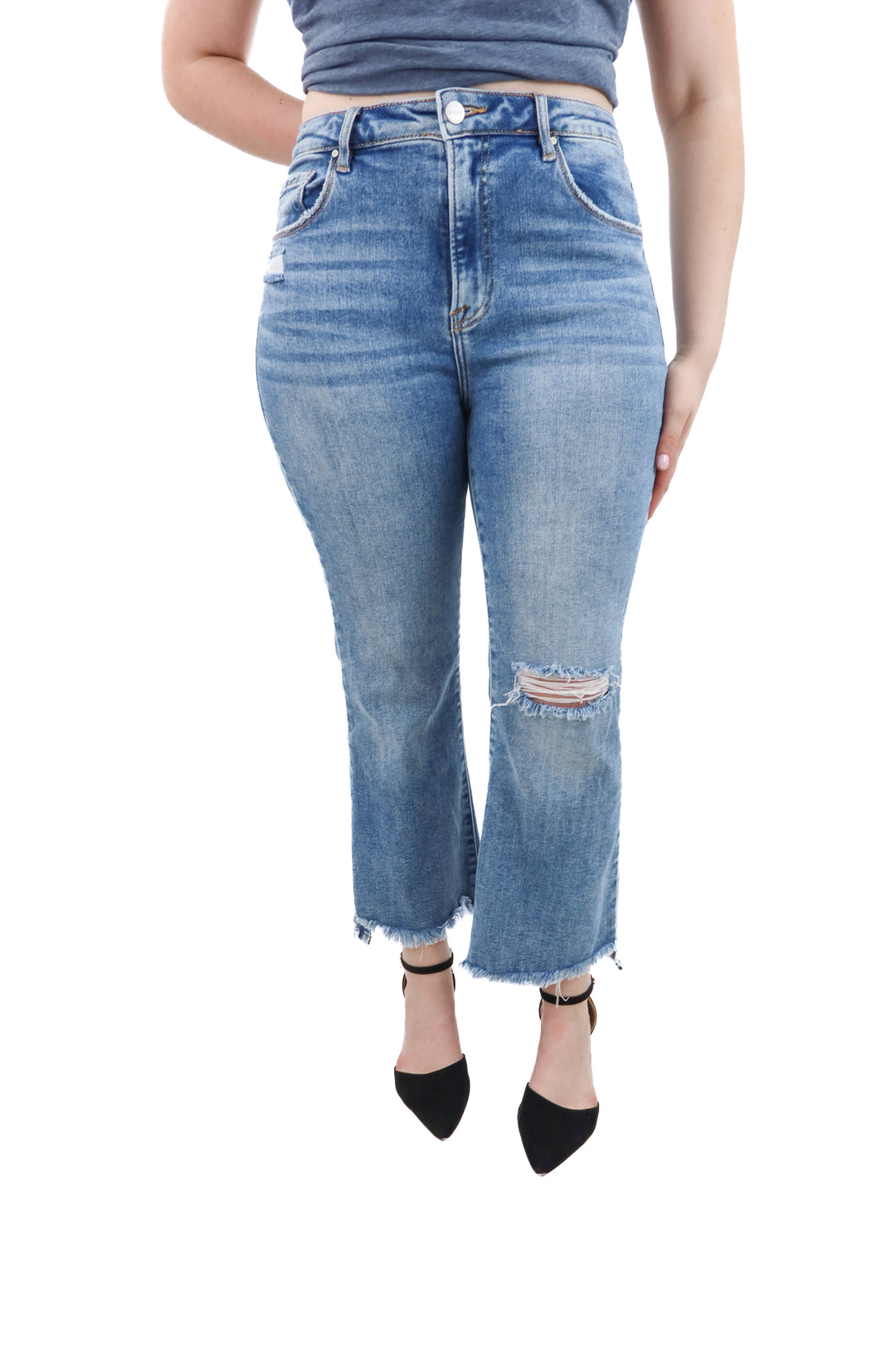 risen jeans light wash frayed hem jeans (30; retail $73)