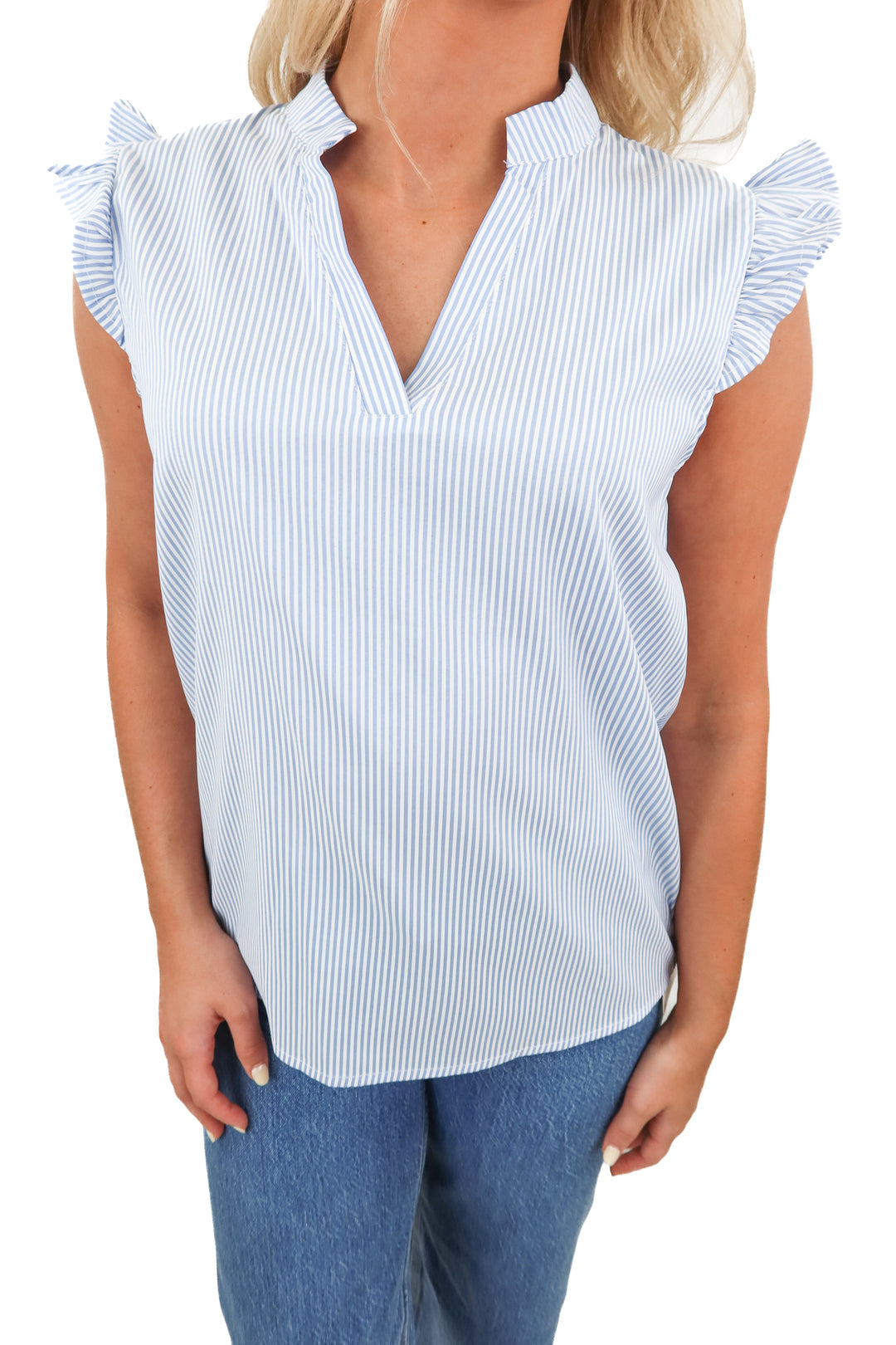 blue/white striped sleeveless top (s)