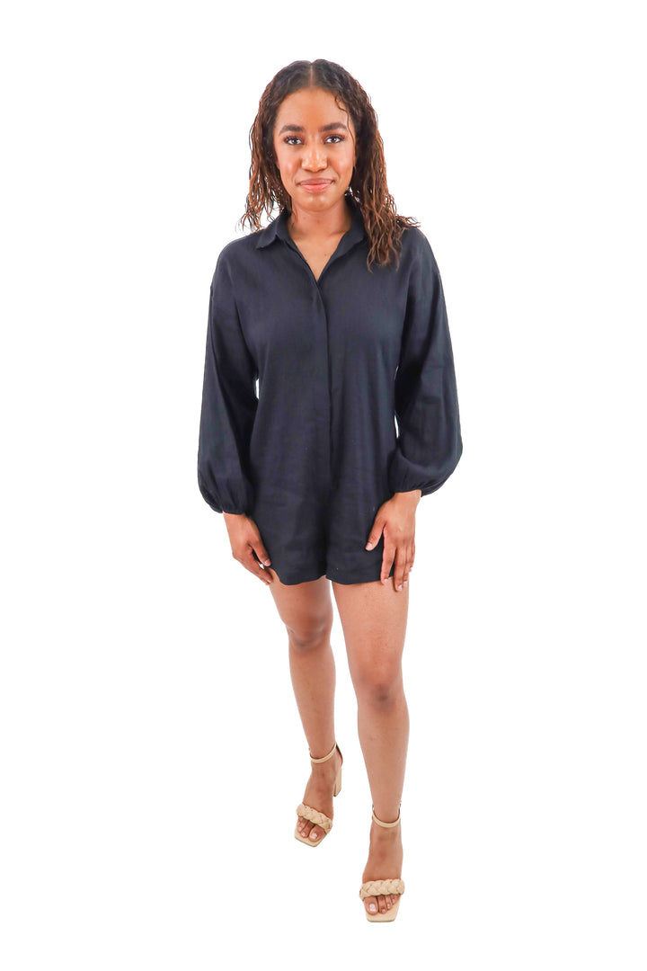 gianni bini black linen blend romper (s)