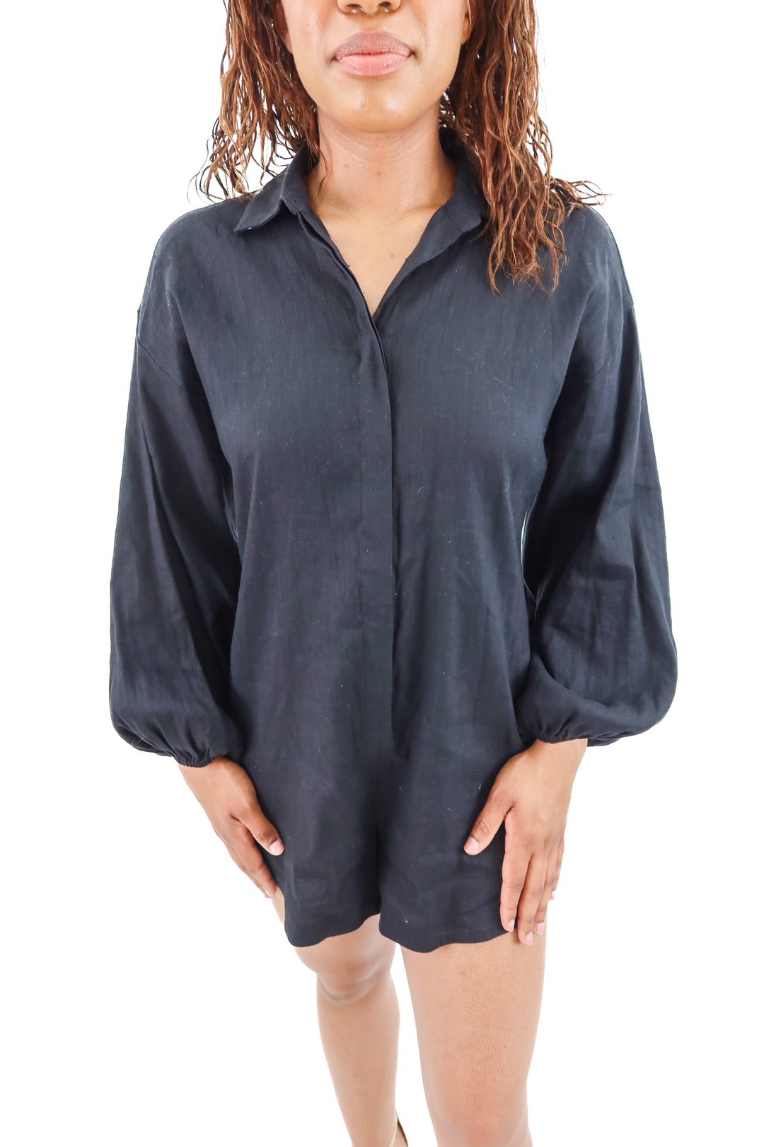 gianni bini black linen blend romper (s)