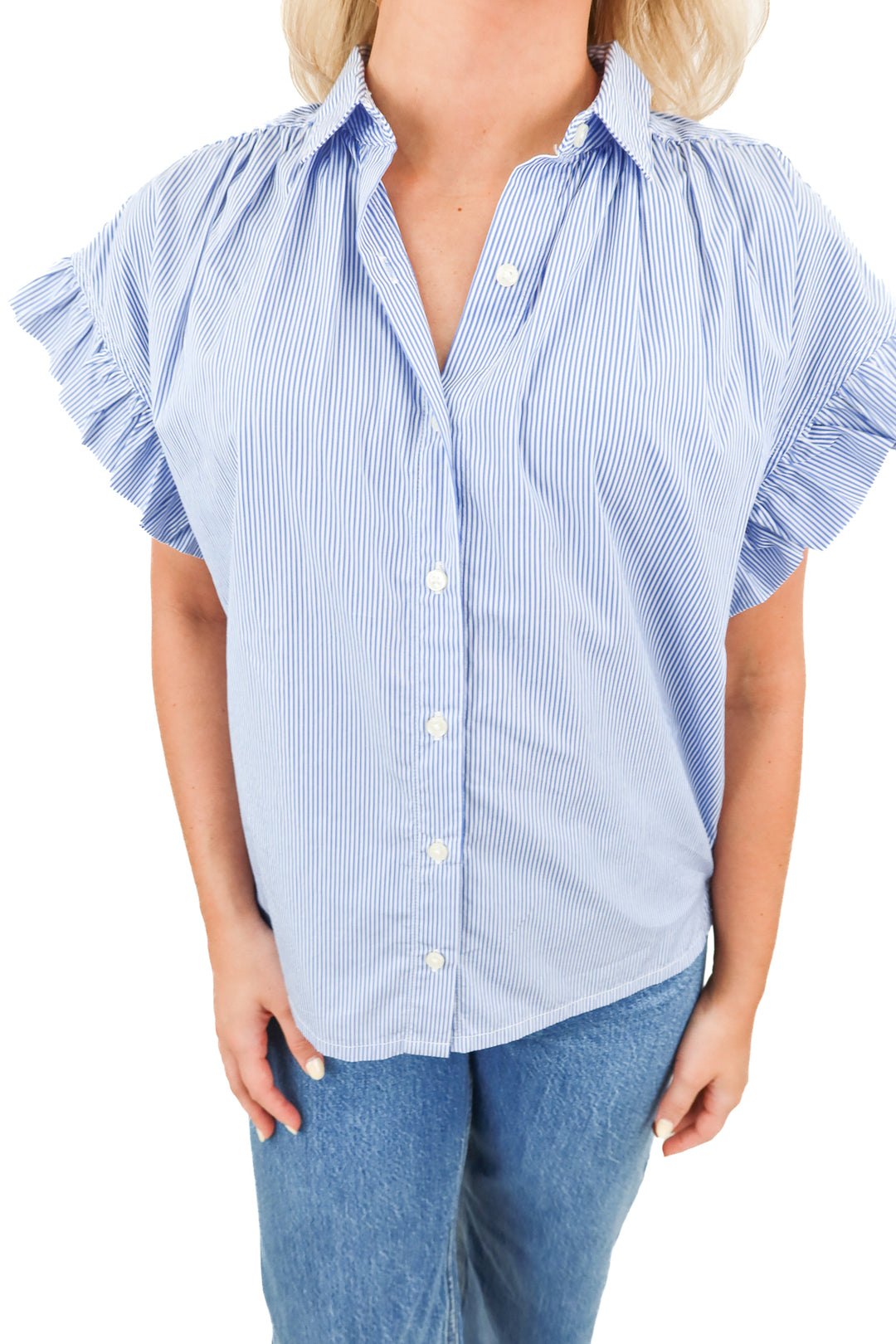 birds of paradise blue/white striped top NWT (xs; retail $198)