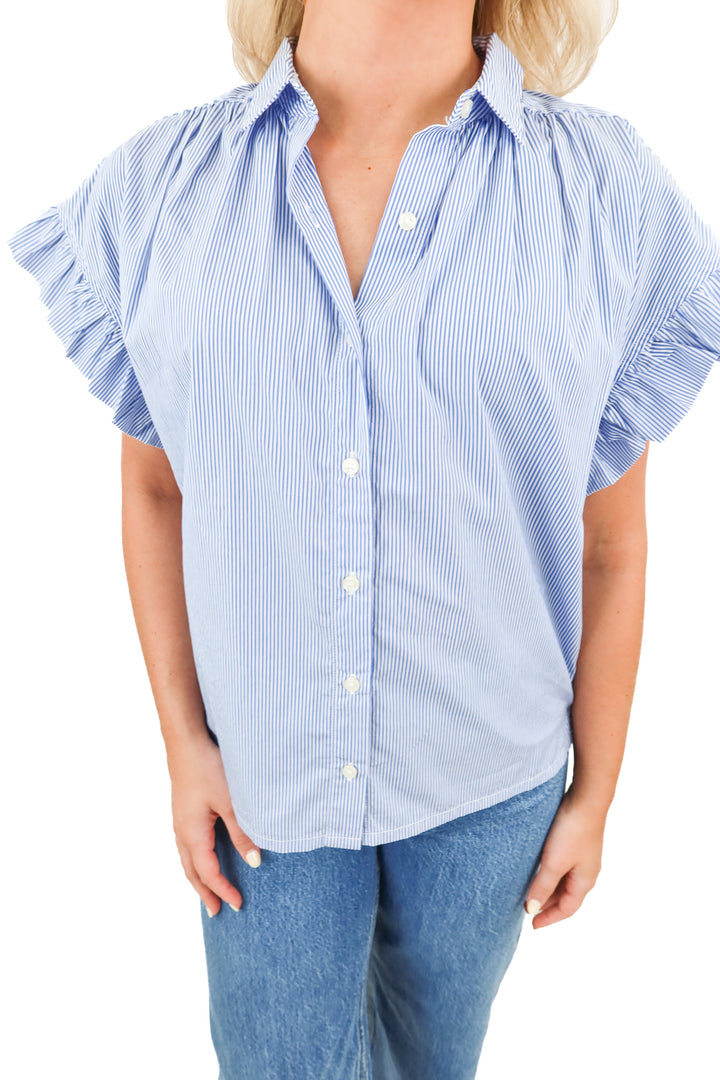 birds of paradise blue/white striped top NWT (xs; retail $198)