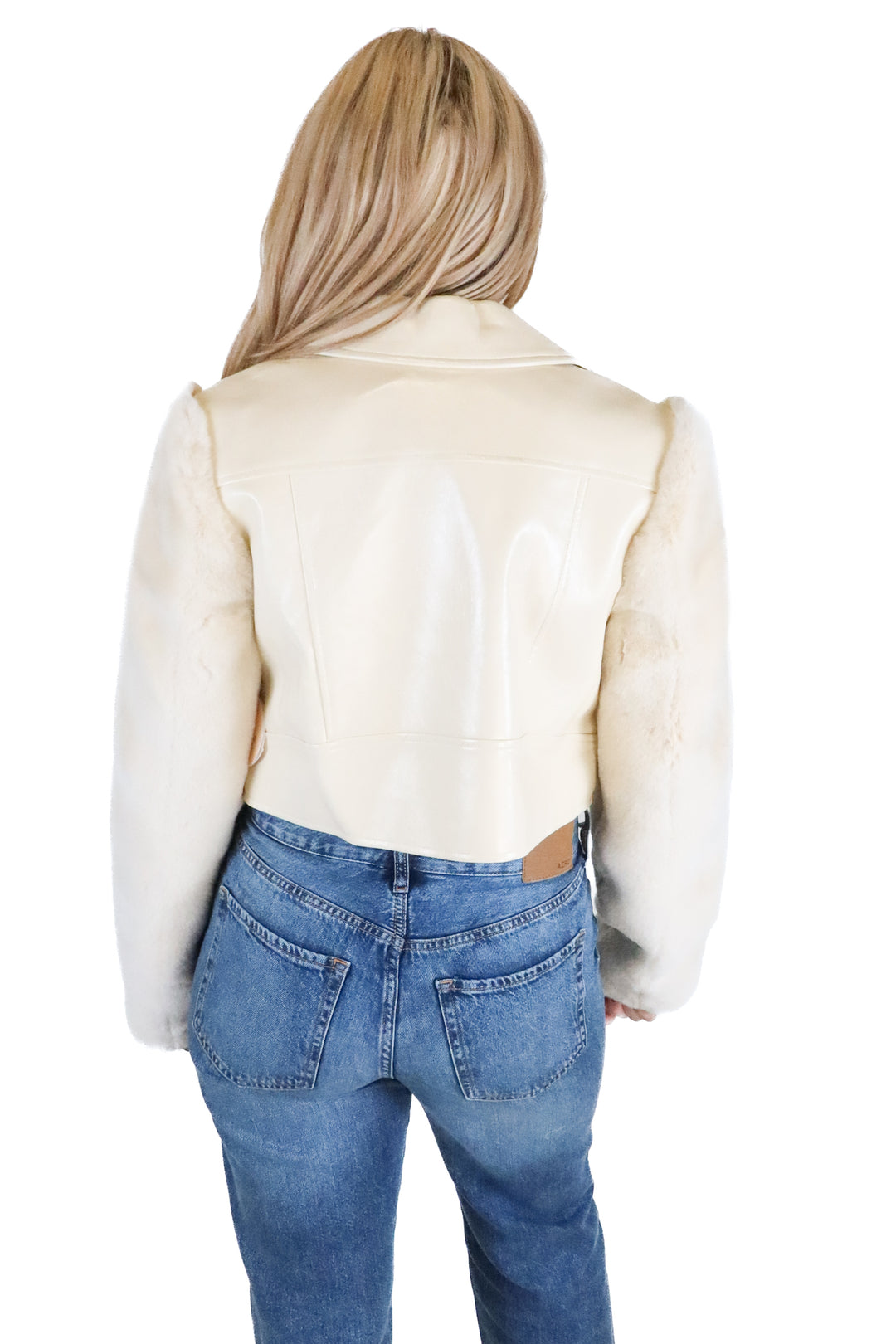 camila coelho cream faux leather jacket with fur sleeves (s)
