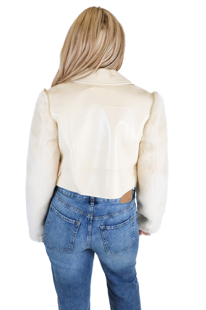 camila coelho cream faux leather jacket with fur sleeves (s)