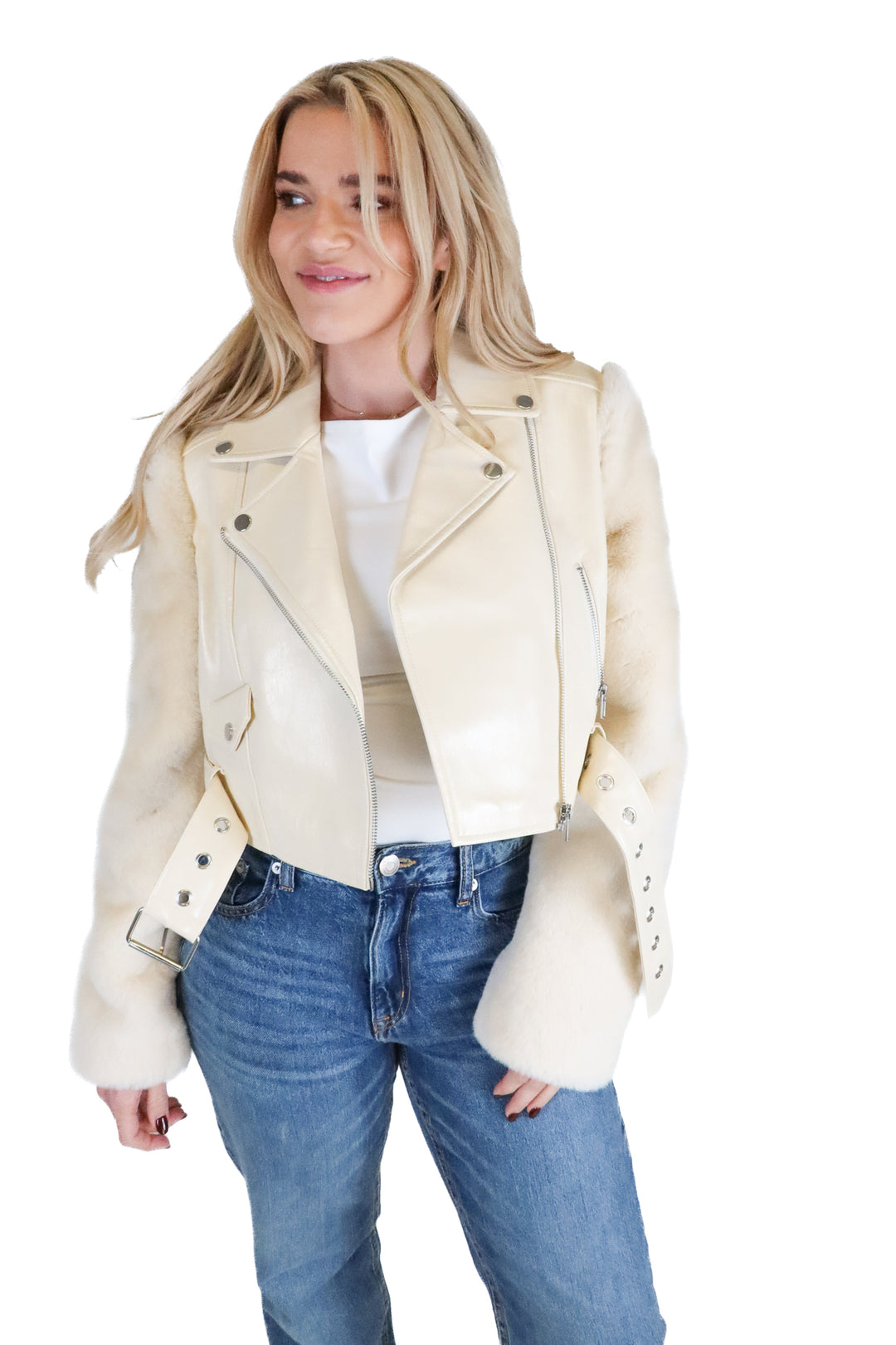 camila coelho cream faux leather jacket with fur sleeves (s)