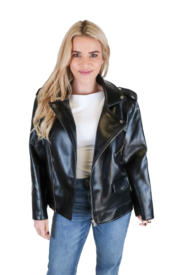 vici black faux leather jacket (s)