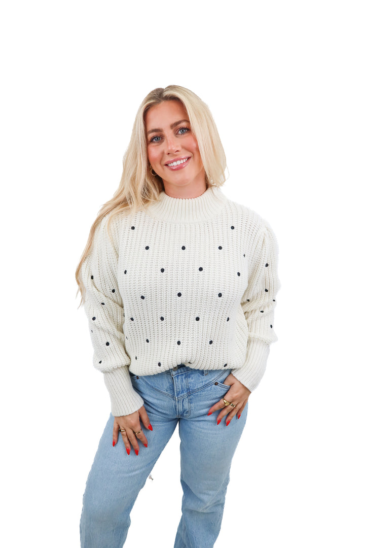 english factory white/black dot sweater (L; retail $78)