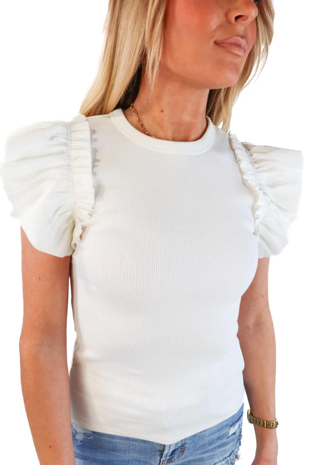 Express white ribbed ruffle sleeve (xxs)