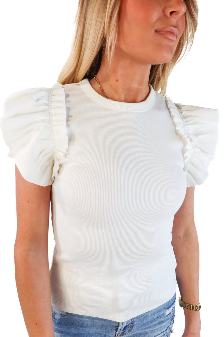 Express white ribbed ruffle sleeve (xxs)