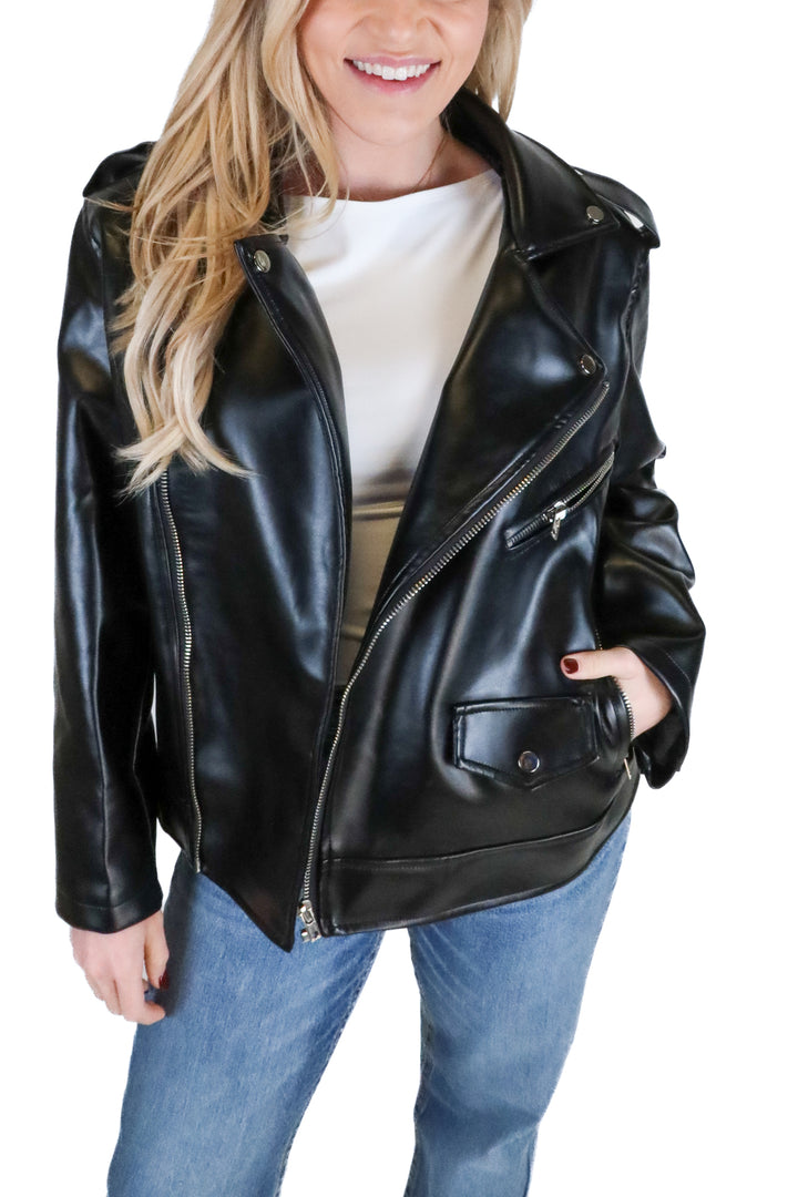 vici black faux leather jacket (s)
