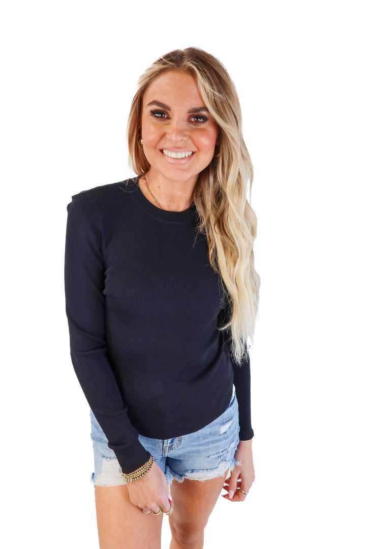 Miou Muse Black Ribbed Knit Long Sleeve Top NWT (S)