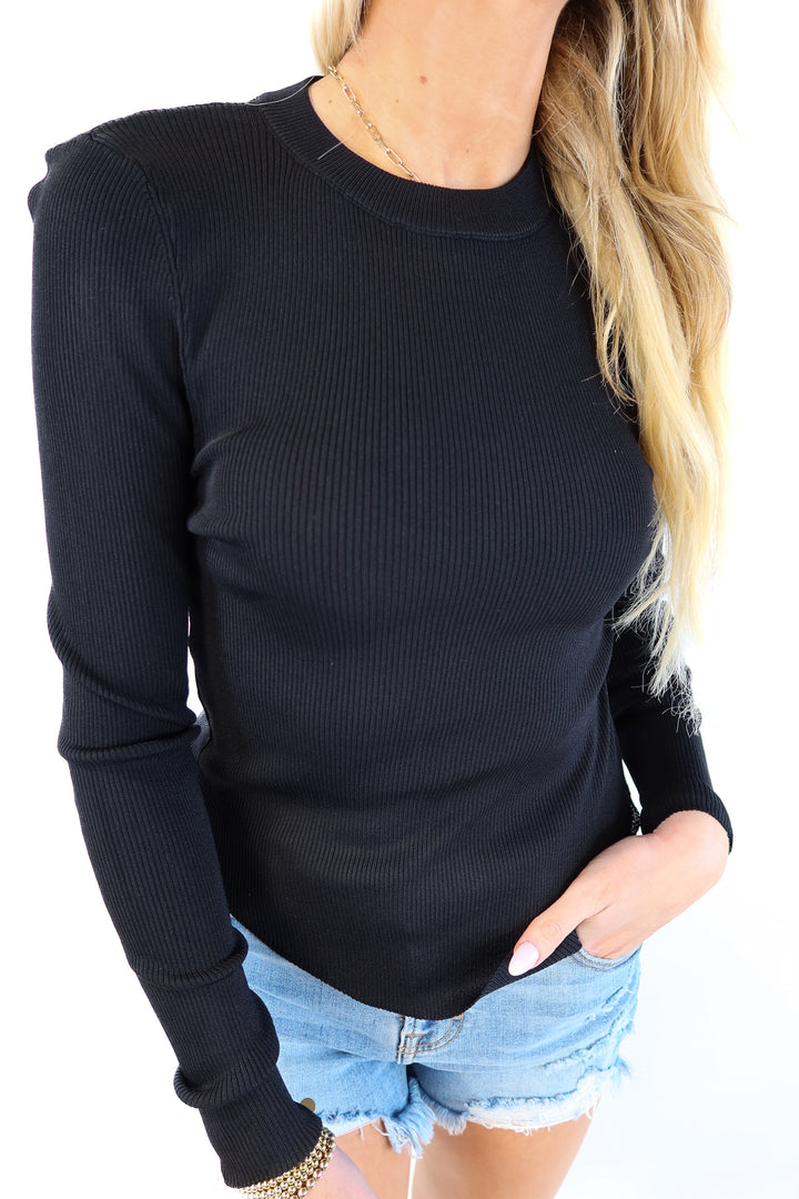 Miou Muse Black Ribbed Knit Long Sleeve Top NWT (S)
