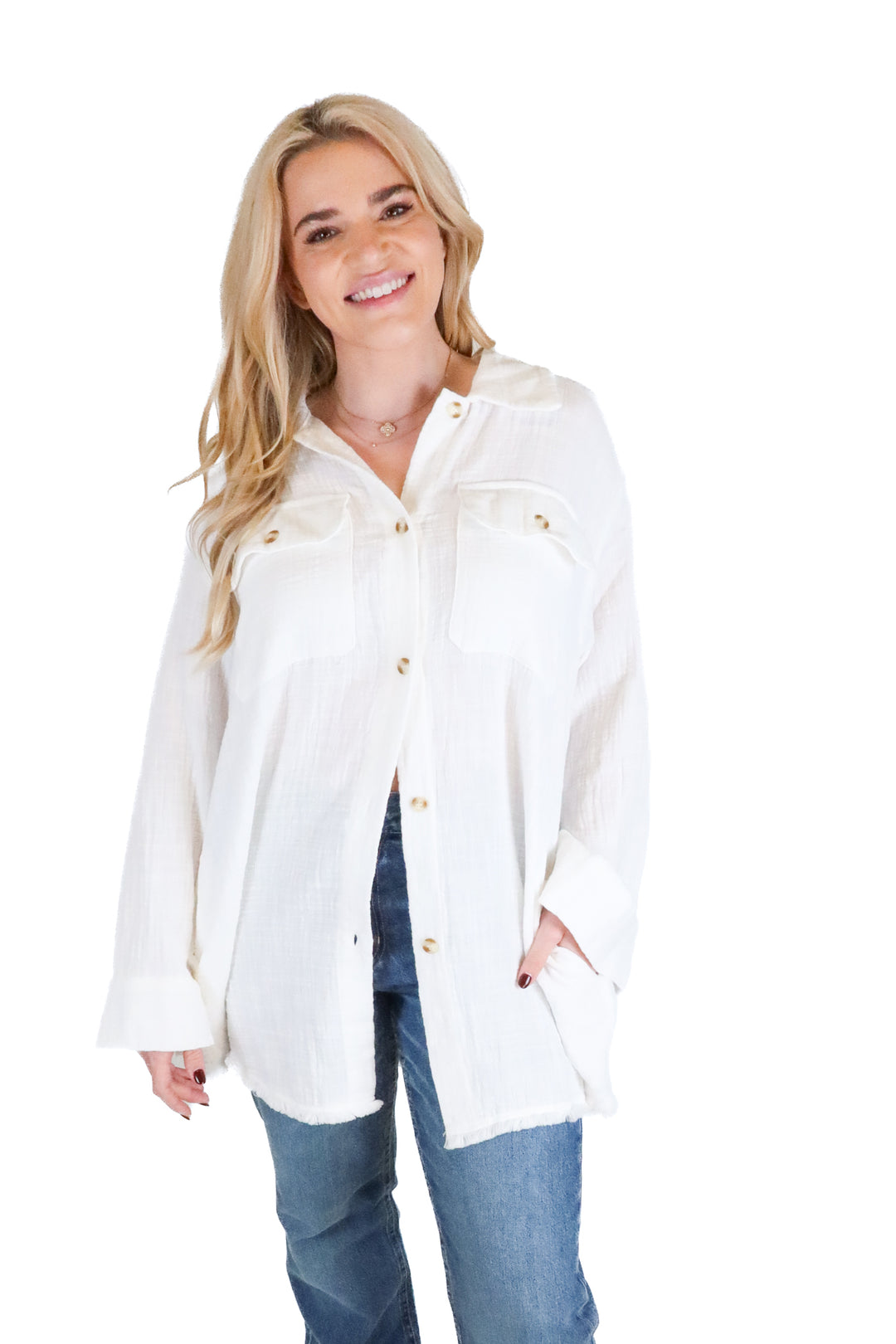 the post linen 3/4 sleeve button up top (s)