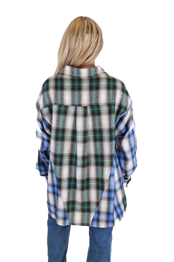 vici blue/green/black/tan button up flannel (s)