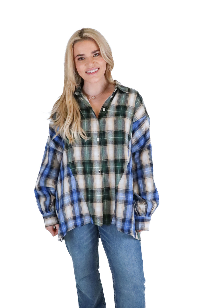 vici blue/green/black/tan button up flannel (s)