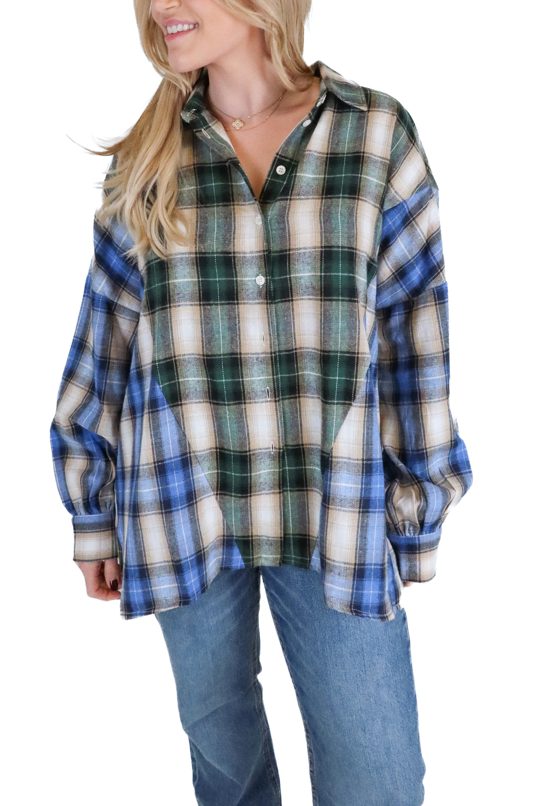 vici blue/green/black/tan button up flannel (s)